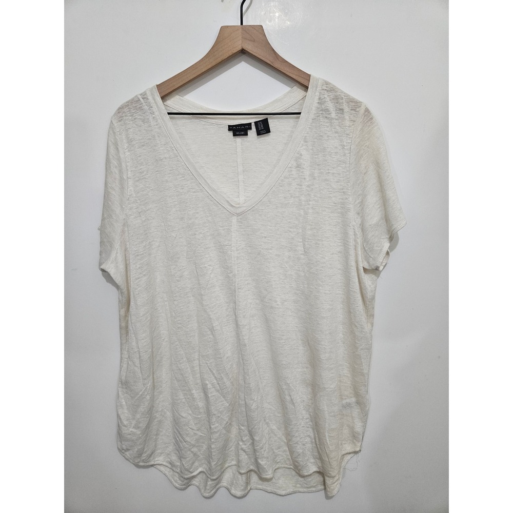Tahari 100% Linen V-Neck‎ Short Sleeve Tee Top Cream Off White Plus Size 1X